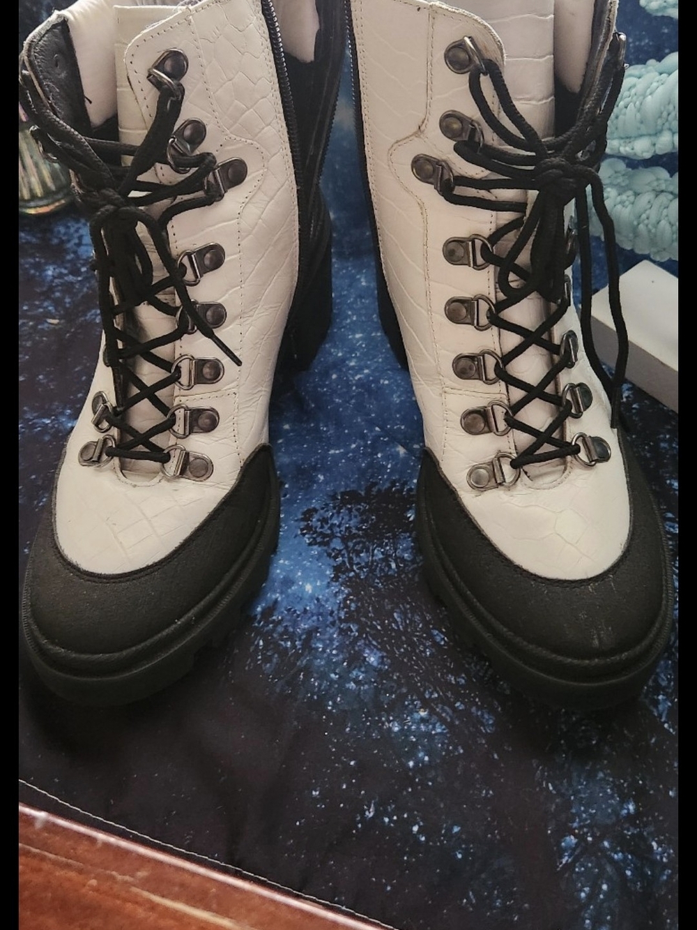Women's Lace-Up White & Black Y2k Boots Size 9